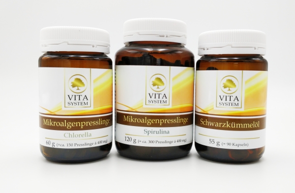 Spirulina, Chlorella und Schwarzkümmelöl Set
